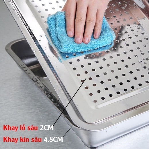 Khay inox úp ly ráo nước có lỗ - mâm trà chữ nhật nhiều cỡ