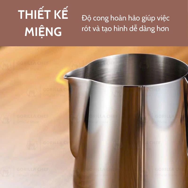 Ca đánh sữa latte art inox 304 có chia vạch 2 mặt, dung tích chuẩn không làm tròn