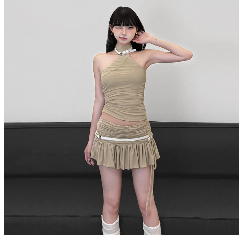 Klalien Hai Mảnh Bộ Dây Tắt Tay Skinny Backless Vest Ruched Cá Tính Váy Đa Năng Thời Trang Hot Nữ