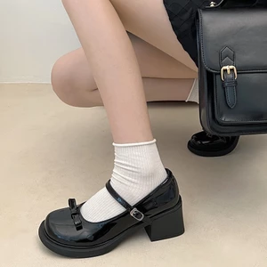 Giày tiểu thư nữ mery Jane đế vuông phối nơ ngang 2 màu đen trắng quai bóng thanh lịch mã cg-0267-08