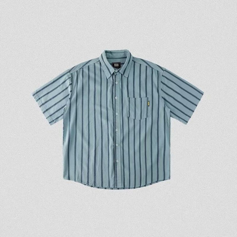 ThaliaWisp Unisex Retro Sọc Áo Sơ Mi Tay Ngắn Rời Áo Sơ Mi Cặp Đôi Hợp Thời Trang Áo Khoác