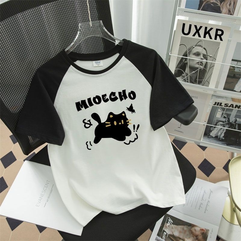 2025 Dễ Thương Mèo Nhỏ Đen Raglan Tay Áo Tee Cho Trẻ Em Áo Thun Chơi Thường Ngày Phong Cách Mùa Hè