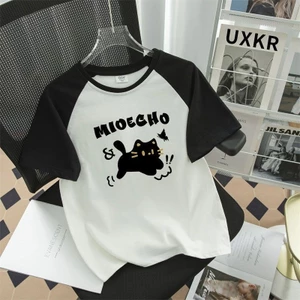 2025 Dễ Thương Mèo Nhỏ Đen Raglan Tay Áo Tee Cho Trẻ Em Áo Thun Chơi Thường Ngày Phong Cách Mùa Hè