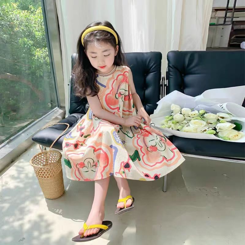 Đầm Bé Gái Mùa Hè Cotton Nguyên Chất Đầm Công Chúa Váy Dài Chữ A In Hình Phiên Bản Hàn Quốc 1J99