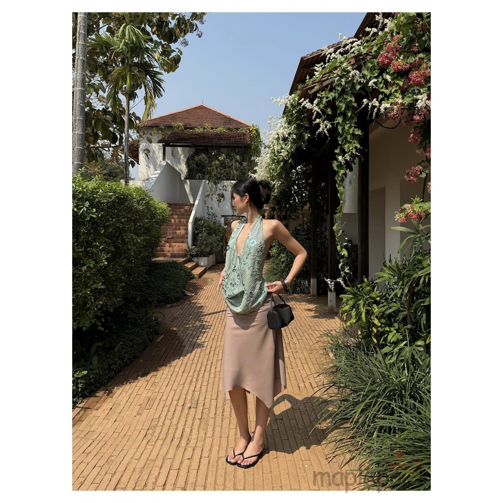 MAPLEPOET-Áo dây nữ thời trang Sequins không tay cổ chữ V sâu không lưng cho mùa hè