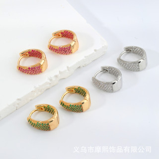 Châu Âu Mỹ ins Phong Cách Mới Full Kẻ Sọc Zircon Nhiều Màu Sắc Hình Học Bông Tai Nữ
