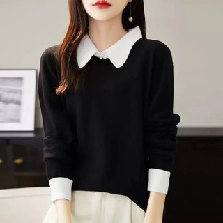 Nhẹ Sang Trọng Cao Cấp Tương Phản Màu Khâu Giả Hai Mảnh Dệt Kim polo Cổ Áo Chui Đầu Dài Tay Top Độc Đáo