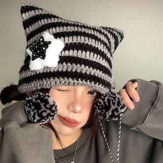 Mũ beanie LUMELAMP phong cách Y2K & Hip-Hop thu đông, thiết kế sọc ngôi sao đáng yêu