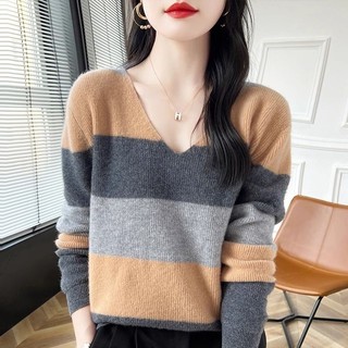 Mùa Thu Đông Cổ Màu-Block Cổ Chữ V Áo Len Nữ Phong Cách Mới Phong Cách Ngắn Rời Phong Cách Phương Tây Tay Dài