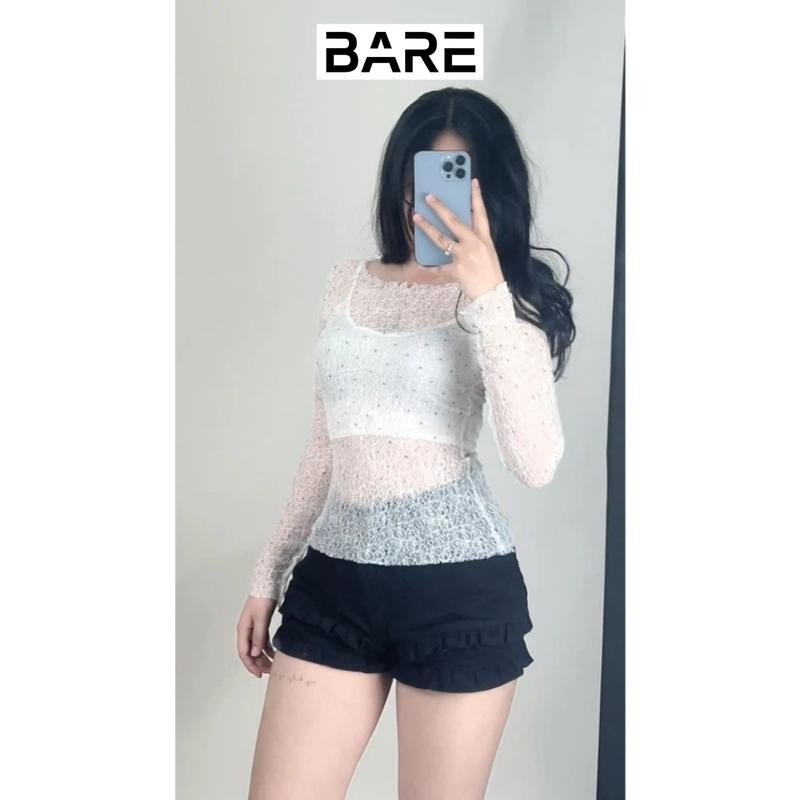 BARE_Áo Ren Lưới Đính Đá Ôm Body Dài Tay Kèm Áo 2 Dây Bên Trong Phong Cách Quyến Rũ- A406 Nữ Women