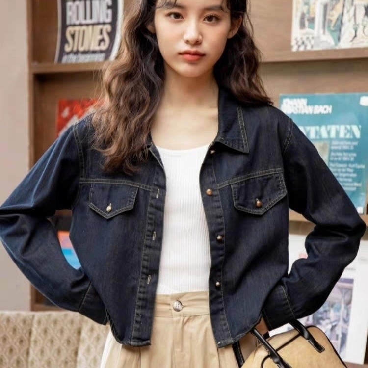 Dài Tay.Thông Thường Nhỏ Phong Cách Hồng Kông Áo Sơ Mi Ngắn Niche Denim Áo Khoác Retro Sang Trọng Nữ
