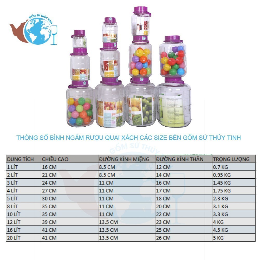 Bình Ngâm Rượu Thủy Tinh 10 Lít có vòi Quai Xách