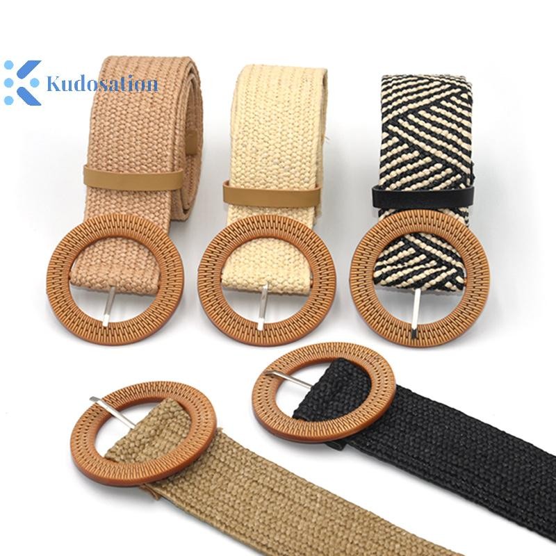 Kudosation Mùa Hè Nữ Thắt Lưng Co Giãn Khóa Tròn Vintage Boho Rơm Dệt Thắt Lưng Đầm