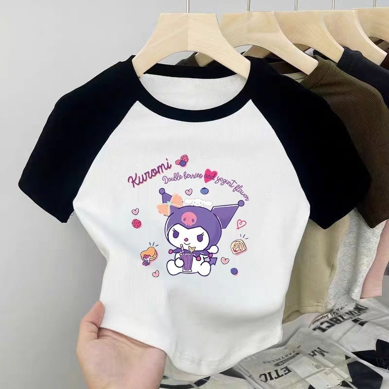 Áo thun Cotton hợp thời trang 2025 cho bé gái Khối màu Raglan Áo sơ mi ngắn tay mùa hè cho trẻ em
