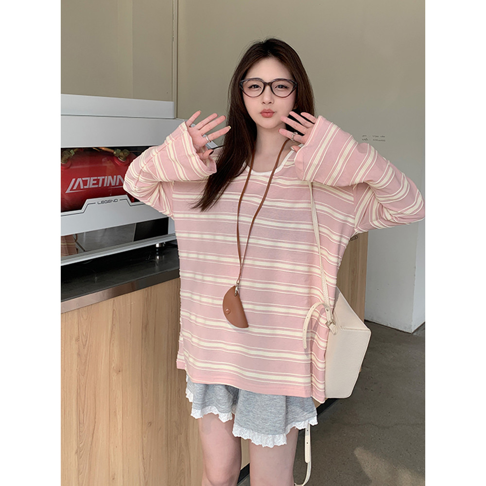 SUXI Áo thun dài tay dệt kim sọc đơn giản mùa hè mới của Hàn Quốc dành cho nữ 250419