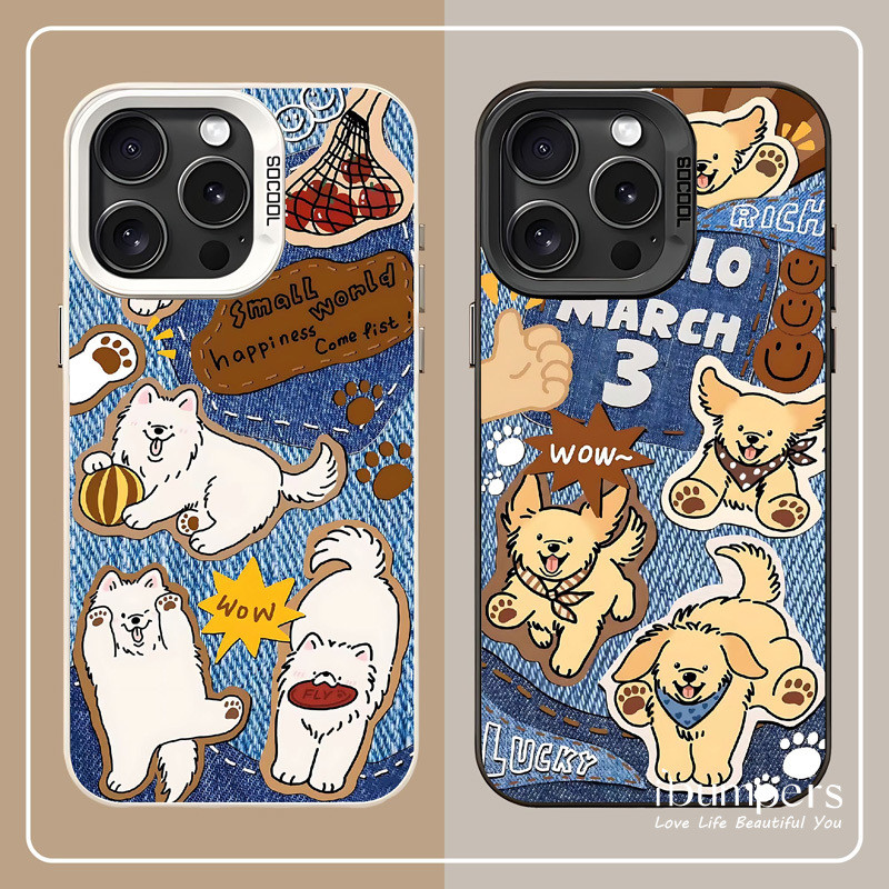 ibumpers Ốp Điện Thoại iPhone Funky Lively Puppy Denim Họa Tiết Cho IPhone 16 15 14 12 13 11 Pro Max IP 7 8 Plus X XS XR Ốp Lưng IMD Cứng Và Nhẵn