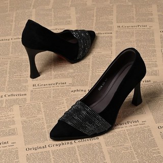 Giày Cao Gót Mũi Nhọn Nữ Slip-On Nông Miệng Kim Cương Giả