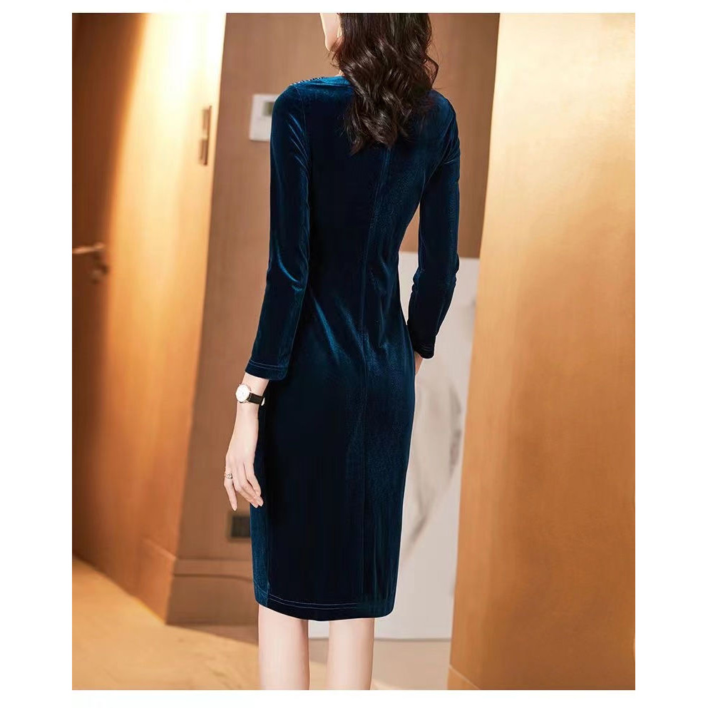 Phụ Nữ Nhung Dài Tay Bodycon Đầm Nữ Thường Ngày Màu Đỏ Retro Midi Đảng Đầm Chipao