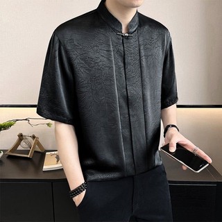 Áo sơ mi ngắn tay cổ đứng bằng lụa băng phong cách 2024 nam mới Quần áo nam Trung Quốc phong cách Trung Quốc Quần áo núi Trung Quốc Áo sơ mi tay năm điểm JP02