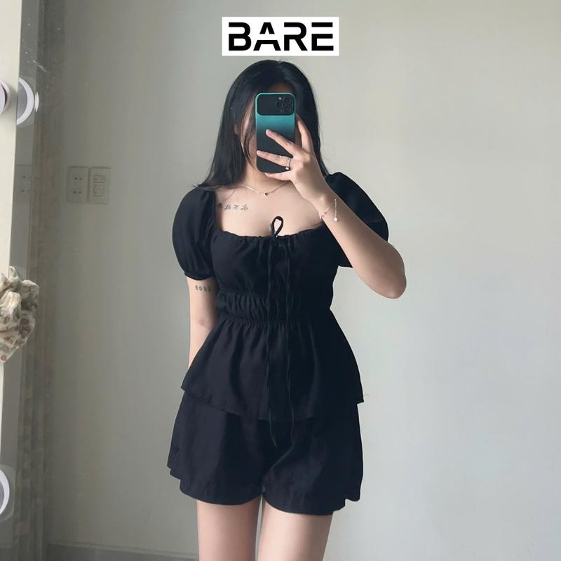 Áo kiểu tay bồng cột nơ chất linen, Áo babydoll tiểu thư dễ thương bo chun thân xinh xắn_A374 Nữ Top Women