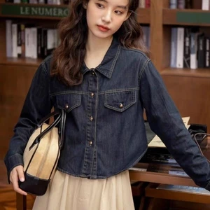 Dài Tay.Thông Thường Nhỏ Phong Cách Hồng Kông Áo Sơ Mi Ngắn Niche Denim Áo Khoác Retro Sang Trọng Nữ