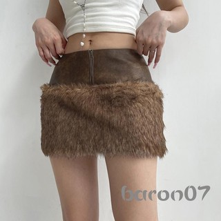 Váy chắp vá bằng da lông thú nữ eo thấp phía trước có dây kéo Bodycon Váy Mini cho bữa tiệc