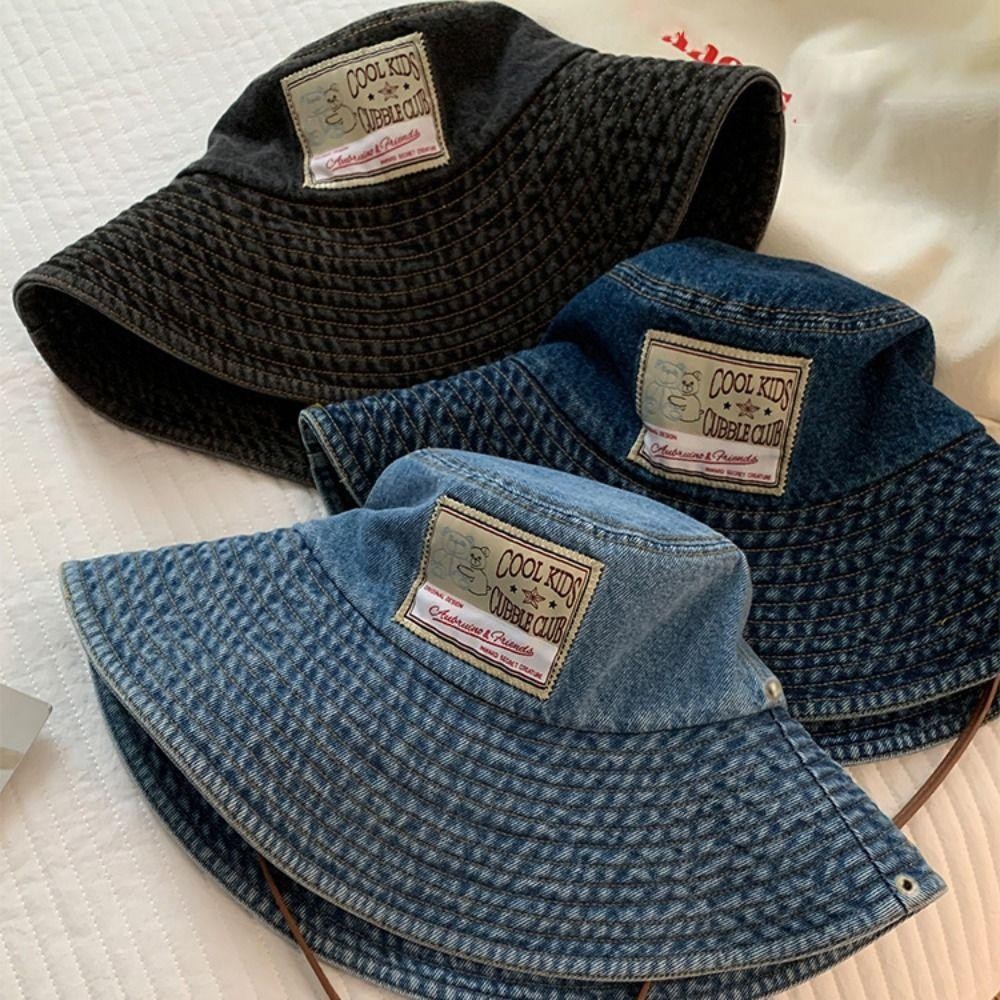 Mũ xô denim nữ HOBBYIN, chống nắng vành lớn, dây rút retro - Perfect cho mùa thu