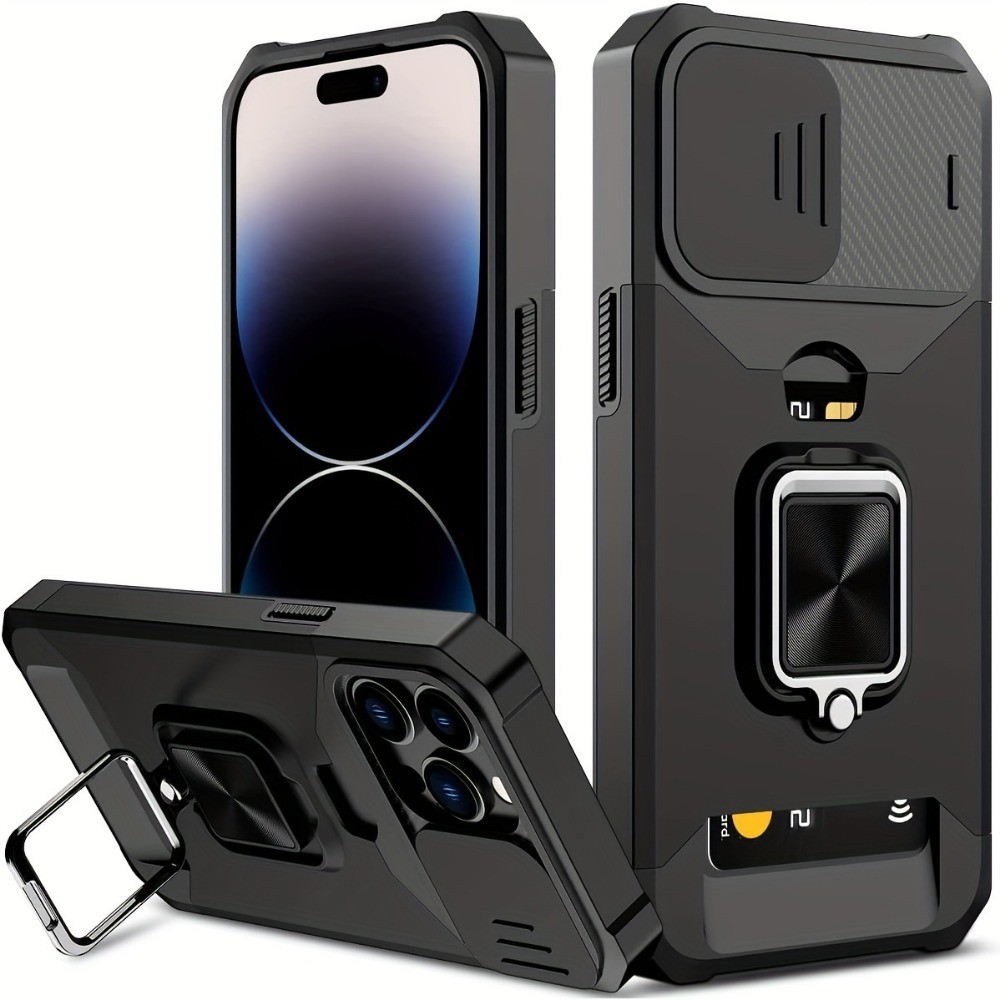 Ốp điện thoại bền, chắc chắn cho iPhone 17 16 15 14 13 12 11 Pro XS Max Mini Plus, ốp cứng chống sốc, có chân đế kim loại và khe cắm thẻ