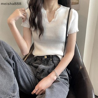 Meisha888 Mùa Hè Màu Trơn Cổ Chữ V Tay Ngắn Dệt Kim Áo Thun Nữ Slim Crop Top Đẹp