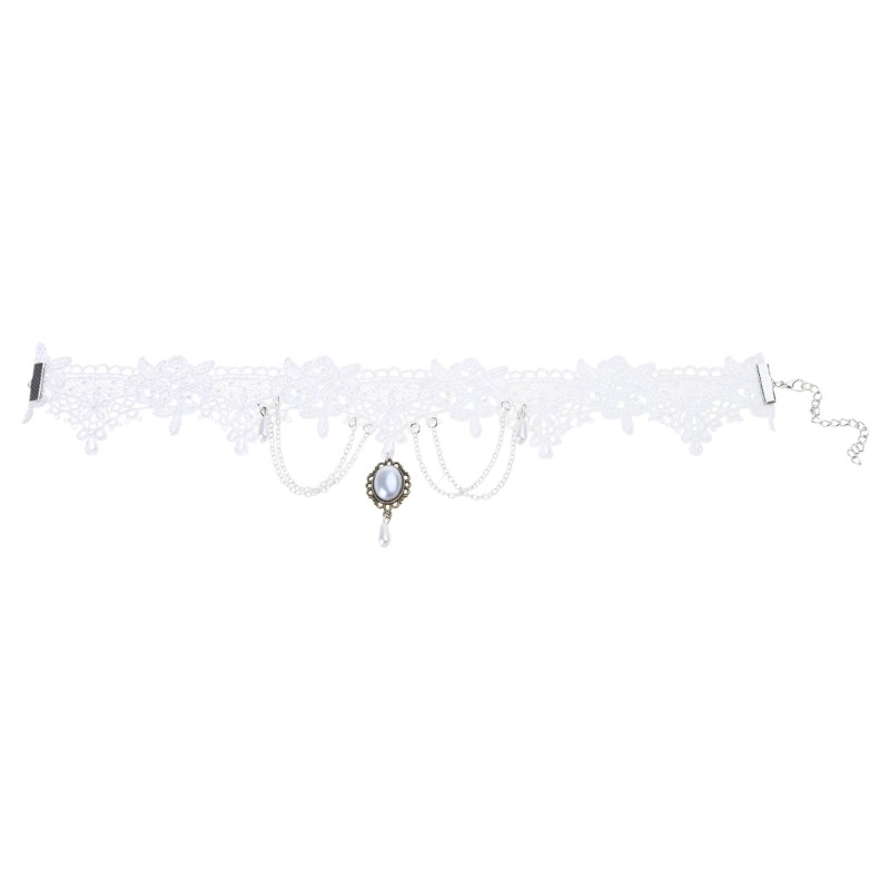 Chocker Ren Trắng Gothic Victorian Với Dangling Đá Quý