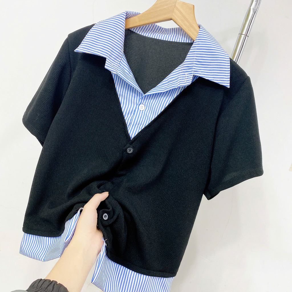 Sơ Mi Tay Ngắn Bigsze Nữ Phối Kẻ Cách Điệu Dễ Thương Vải Nỉ Tăm Mix Sơ Mi Cho Các Nàng Chubby SM185