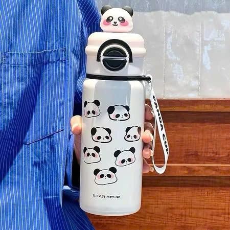 Bình Nước Giữ Nhiệt 550ml Gấu Trúc Dễ Thương Hai Ngăn Có Ống Hút Cho Học Sinh mq