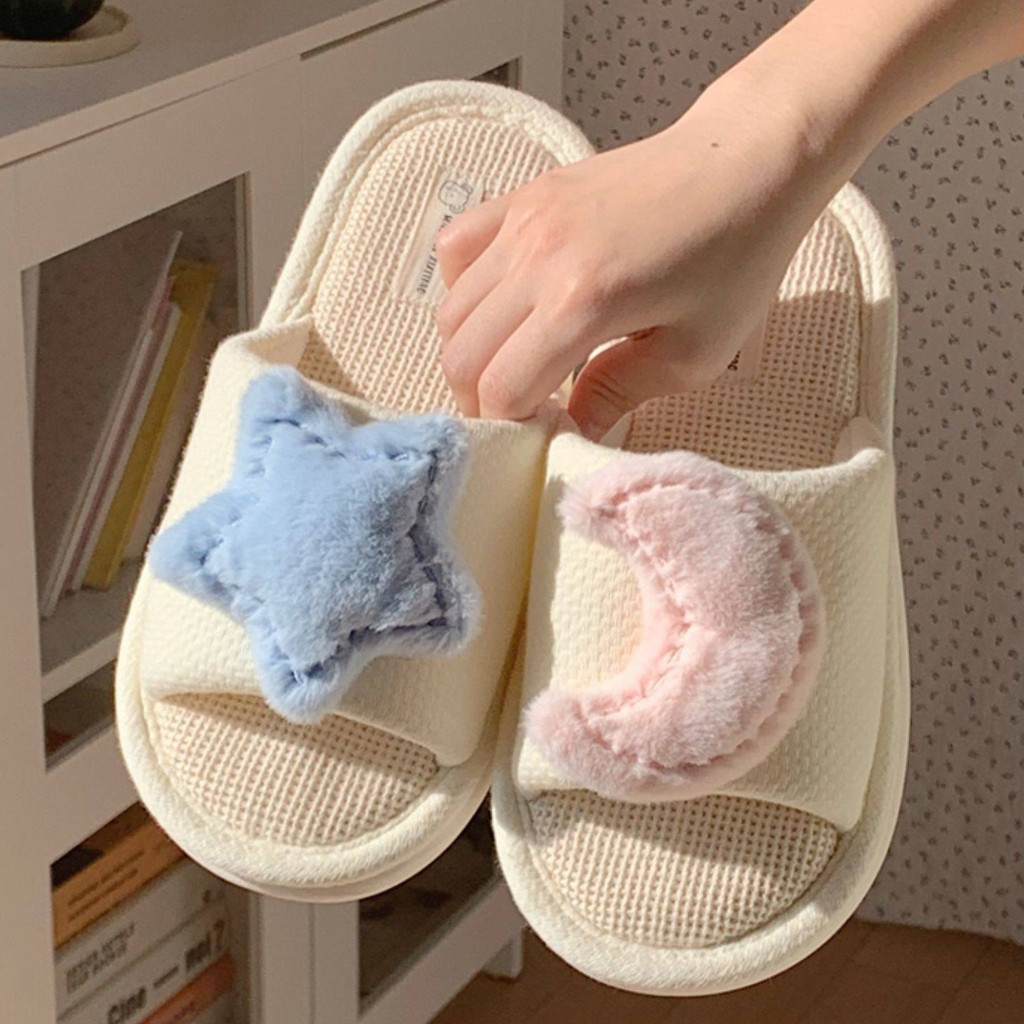 XIXITIAO Dép Nữ Bốn Mùa Trong Nhà Ngôi Sao Dễ Thương Mặt Trăng Vải Lanh Đế Mềm