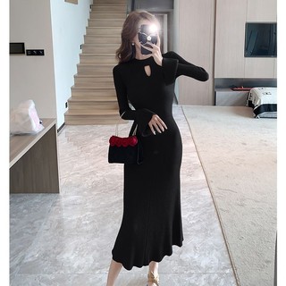 Rỗng Nửa Cổ Rùa Đầm Dệt Kim Nữ Thu Đông Over-the-Knee HẤP DẪN