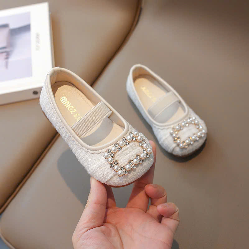 giày búp bê bé gái giày bệt cho bé da PU bọc vải tweed mềm đen trắng không bám bụi êm chân đế dẻo đính đá điệu đà V7713