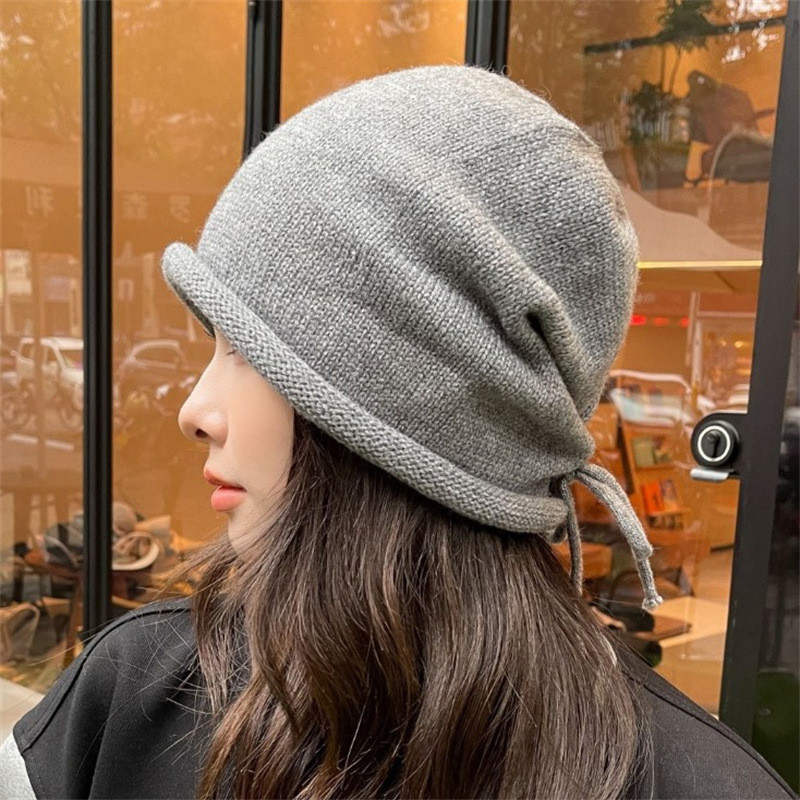 Thu Đông Nữ Dệt Kim Baggy Beanie Mũ Dây Rút Slouchy Len Chui Đầu Mũ Ngoài Trời Chống Gió