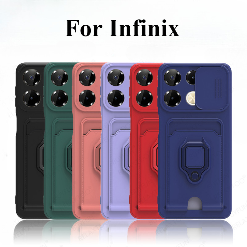 Infinix Hot40 Note40 Smart8 Trượt Ống Kính Máy Ảnh Ví Đựng Thẻ Nhẫn Đứng Ốp Lưng Điện Thoại Infinix Hot Smart Note 40 30 8 Pro Plus HD 4G 5G 40i Chống Vân Tay Bảo Vệ Điện Thoại
