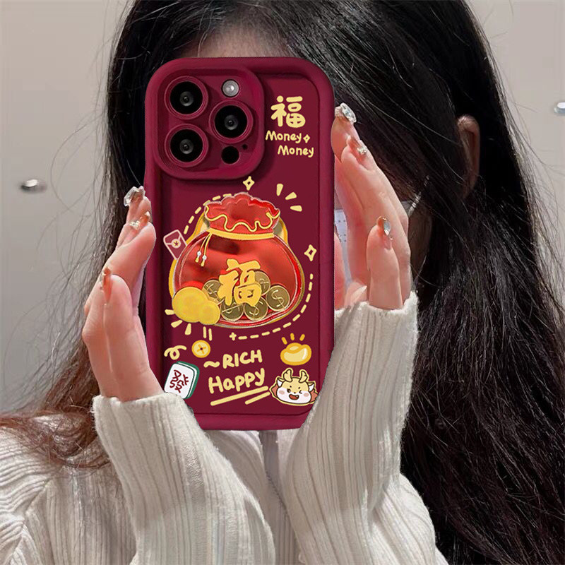 Ốp Lưng Túi May Mắn Tết Nguyên Đán Cho OPPO Reno 12F 11F 11 12 10 Pro Plus 8T 7Z 8Z 5Z 6Z Reno 8 7 6 5 4 Pro Plus Vỏ Điện Thoại Di Động Rượu Vang Đỏ Thời Trang Hoạt Hình Matte Vỏ Chống Sốc