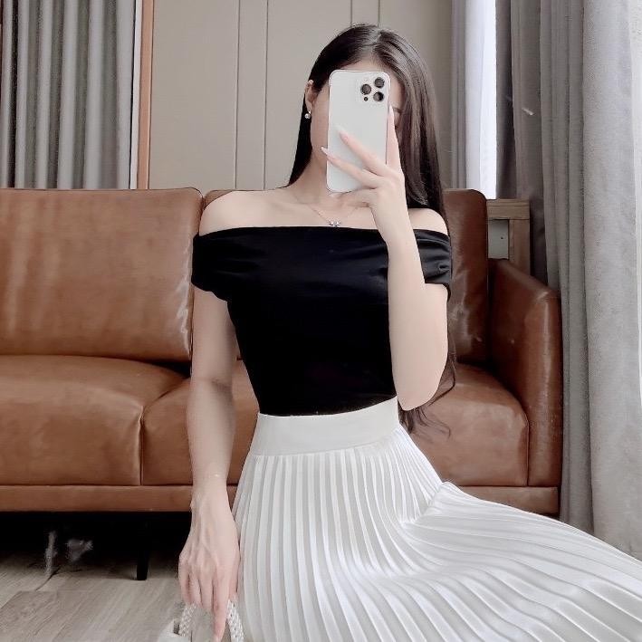 Áo Trễ Vai Chất Thun Co Dãn Nữ Top Nhiều Kiểu Mặc Women Cổ Tròn