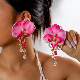 Đôi bông tai hoa to màu vải phong cách Âu Mỹ, hạt trân châu, chiếc tua dài dành cho nữ