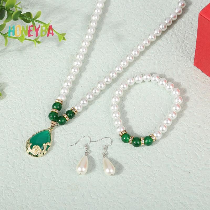 < Honeyba > Bộ trang sức ngọc trai thời trang cổ điển dành cho nữ Vòng cổ Bông tai Bộ vòng tay Tiệc cưới Trang sức Quà tặng Pendientes