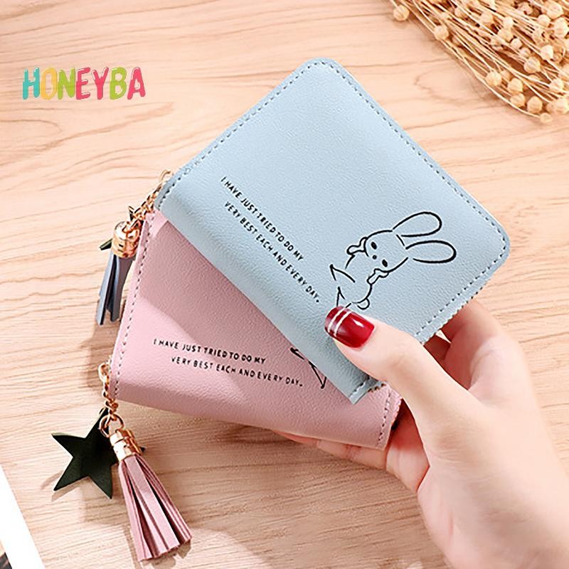 < Honeyba > Ví Nữ Nhỏ Ngắn Ví Bé Gái Dễ Thương Dây Kéo Da Ví Đựng Tiền Xu Nữ Ví Cầm Tay Ví