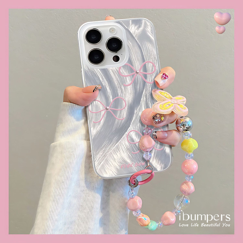 ibumpers Ốp Điện Thoại iPhone Thanh Lịch Có In Nơ Màu Hồng Tinh Tế Và Dây Đeo Đính Hạt Lấp Lánh Ốp Lưng Trong Suốt Nhám Mờ Chống Bẩn Chống Sốc Cho IPhone 16 15 14 12 13 11 Pro Max IP 7 8 Plus X XS XR