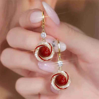 Pháp Nhẹ Nhàng Đính Kim Cương Anh Đào Ngọc Trai Đỏ Thiết Kế Khóa Tai Cảm Giác Tinh Tế Thời Trang Thanh Lịch Hợp Thời Trang Bông Tai