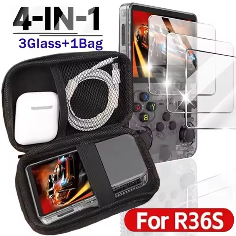 4 trong 1 Kính + Túi cho R36S - Phim kính cường lực bảo vệ màn hình chống trầy xước - Hộp đựng di động EVA Túi đựng máy chơi Game cầm tay