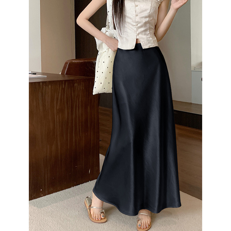 SUXI Váy Midi Satin Mùa Hè Mới Eo Cao Drap Nữ Váy Đuôi Cá Chữ A 260317