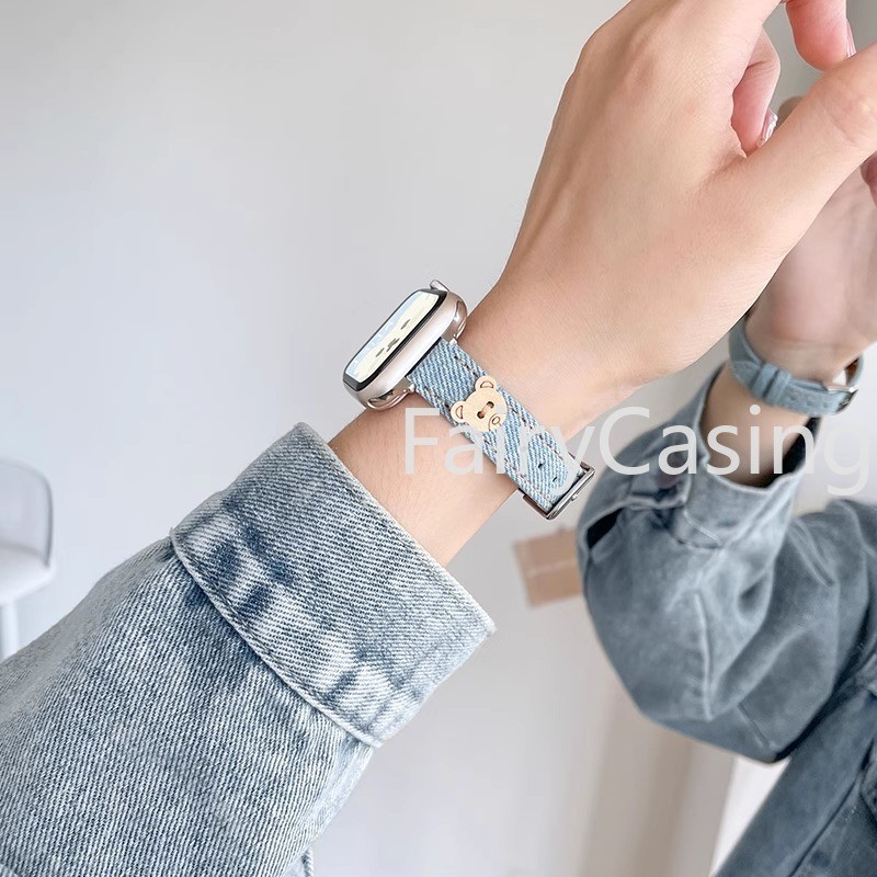 Dây đeo Denim gấu nhỏ cho Apple Watch Series 10 9 8 7 38 40 41mm 42mm 44 45mm 46mm Ultra2 49mm iwatch Vòng tay mỏng