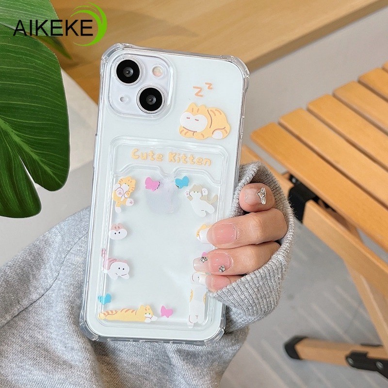 Ốp Trong Suốt Cho Samsung Galaxy S25 Edge S24 S23 S22 S21 Plus FE + Note 20 Ultra 5G 4G Vỏ Điện Thoại Trong Suốt Hoạt Hình Dễ Thương Mèo Ngủ Có Ví Đựng Thẻ Vỏ TPU Mềm
