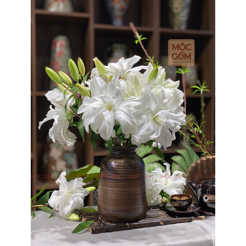 Bình cắm hoa gốm sứ Bát Tràng men mộc vai vuông vintage trang trí phòng khách đẹp