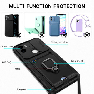 Dành Cho Redmi A1 Plus A2 Plus Ốp Lưng 4 Trong 1 Trượt Camera Bao Đựng Thẻ Đứng Vuông Freebie Dây Chống Sốc Chống Rơi Mỏng Mềm TPU Cover